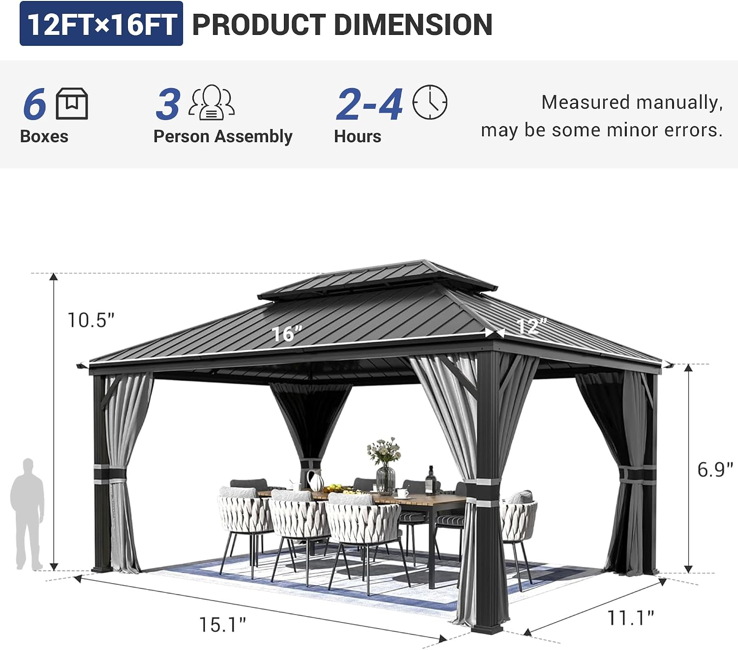 Amopatio 12' X 16' Hardtop Gazebo, Aluminum Gazebo with Double Galvanized Steel Roof, Curtains and Netting Included,Outdoor Metal Pergola for Patios, Garden, Parties, Lawns, Gray