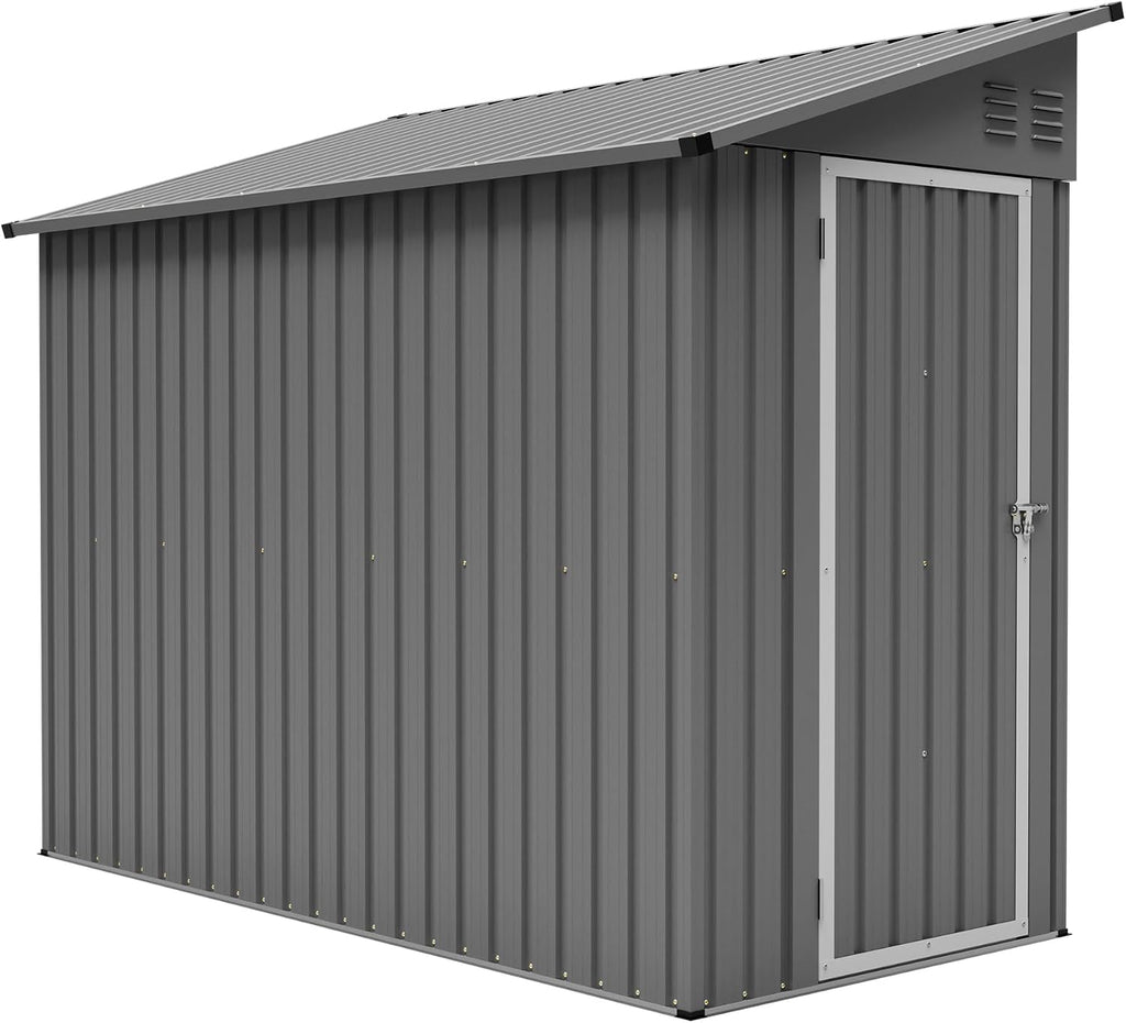 YOPTO 4×8 FT Lean to Metal Shed,Outdoor Heavy-Duty Storage Shed with Floor Base,All Weather Waterproof Garden Tool House W/Lockable Door&2 Air Vents,Reversible Door Design,for Backyard,Patio,Lawn,Gray