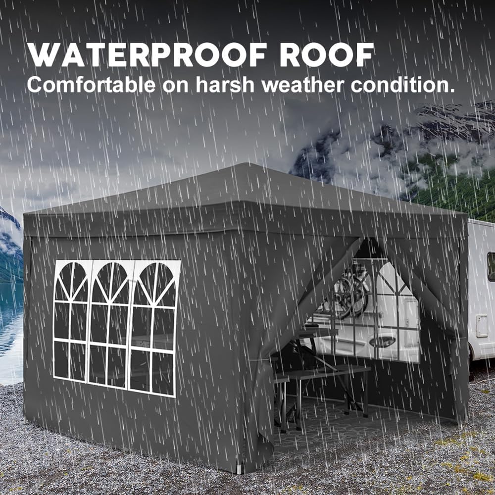 10x10 Pop Up Canopy with 4 Sidewalls Commercial Canopy Tent UPF 50+ All Weather Waterproof Outdoor Wedding Party Tent for Gazebo, Camping, Backyard Parties with Sand Bag, Black