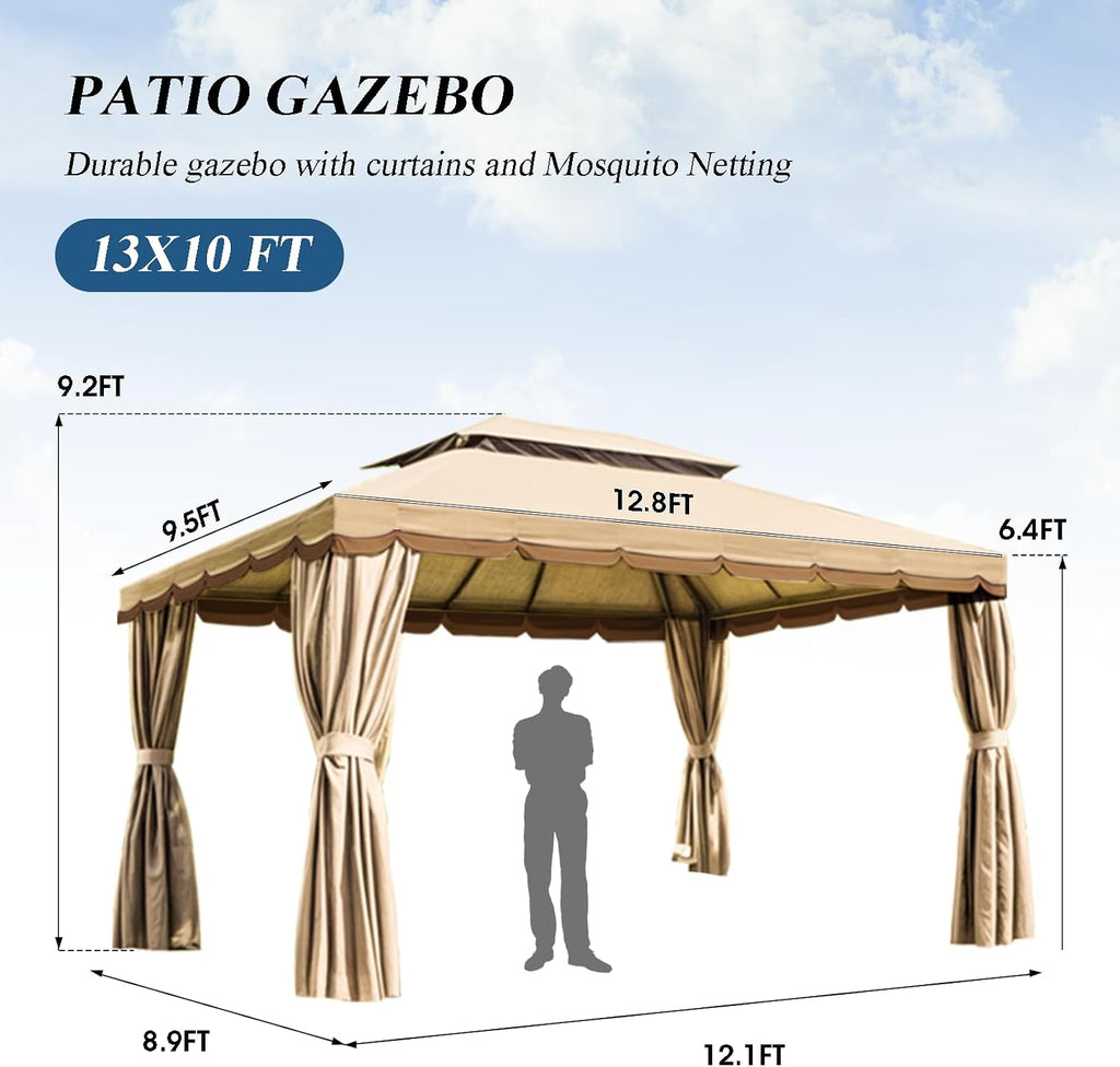 10x13 Gazebo for Patio, Outdoor Gazebo with Mosquito Netting & Curtains, Double Tier Roof Round Leg Marquee Canopy Shelter for Garden, Deck, Backyard, Lawn (Beige)