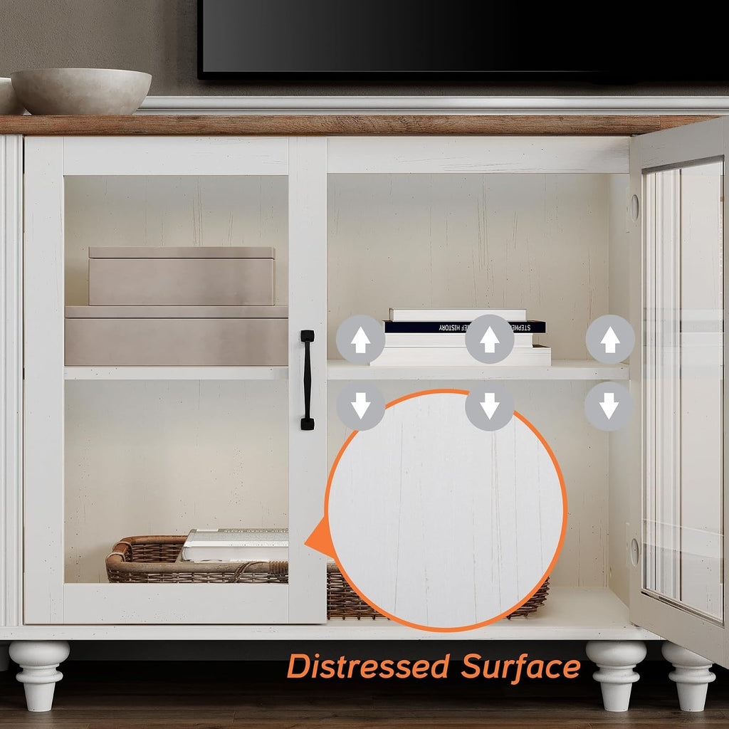 WAMPAT Farmhouse TV Stand for 100 Inch TV, 3-in-1 Wooden TV Console Table for 75/80/85/90 Inch TV, Entertainment Center with Glass Door, Kitchen Sideboard Buffet Cabinet for Dining Room, Off White