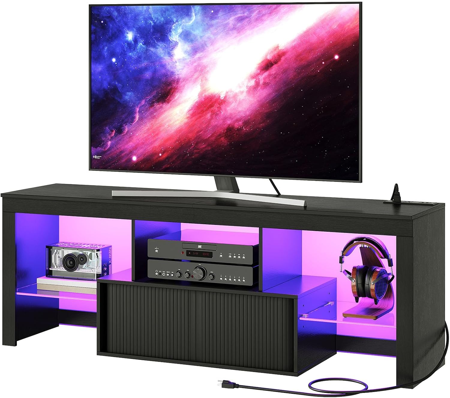 CHOEZON TV Stand with Power Outlet, Modern TV Cabinet for 55 60 inch TVs, Media TV Console with LED Light Strip, Media Entertainment Center with Storage, for Living Room, Bedroom, Black MDS02UDBB