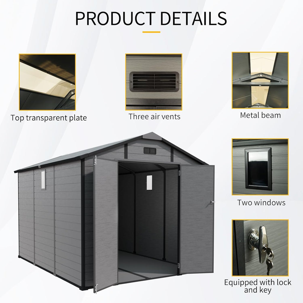 8x10 ft Outdoor Resin Storage Shed with Floor, Waterproof Plastic Garden Shed with Lockable Door, 2 Side Windows and Full-Length Ridge Skylight, All-Weather Tool Sheds for Backyard, Patio, Lawn