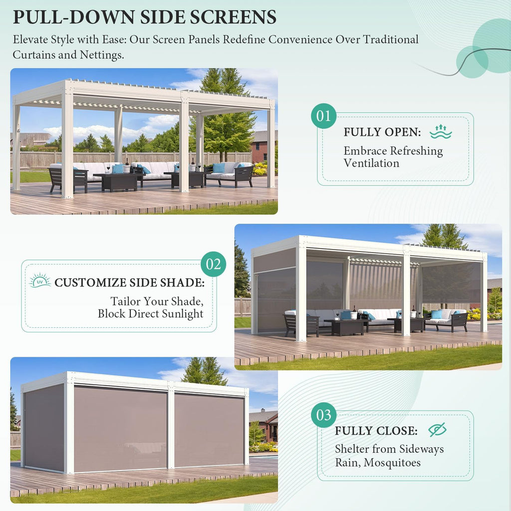 YOLENY Louvered Pergola and 6 Pull-Down Screens, 10x20FT All Aluminum Pergola with Adjustable Rainproof Roof, Outdoor Sun Shade Shelter for Patio, Weatherproof, White