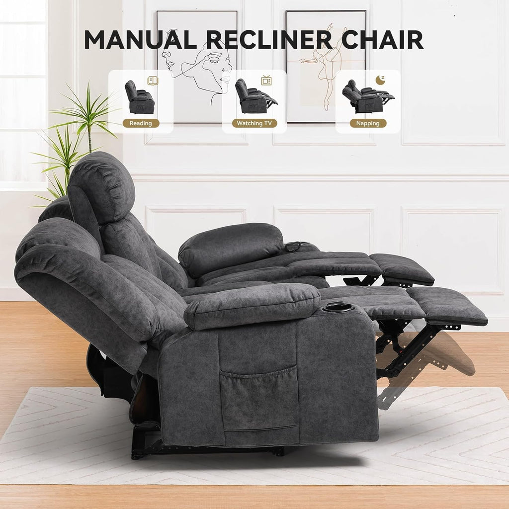 COMHOMA Manual Recliner Chair Set，Fabric Reclining Sofa Chair with Cup Holders, Upholstered Recliner with Side Pockets Suitable for Living Room Furniture (3+2)