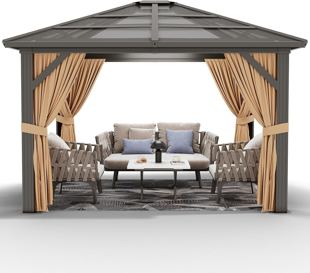 GarveeLife 10x12 ft Gazebo, Hardtop Outdoor Canopy Aluminum Frame Permanent Gazebo with Netting and Curtains, Polycarbonate Garden Tent for Patio, Lawn, Backyard, Deck (10 ft x12 ft)