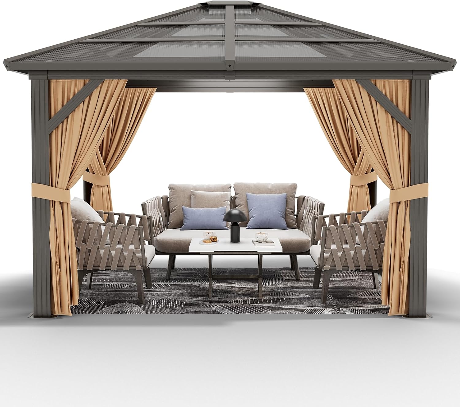 GarveeLife 10x12 ft Gazebo, Hardtop Outdoor Canopy Aluminum Frame Permanent Gazebo with Netting and Curtains, Polycarbonate Garden Tent for Patio, Lawn, Backyard, Deck (10 ft x12 ft)