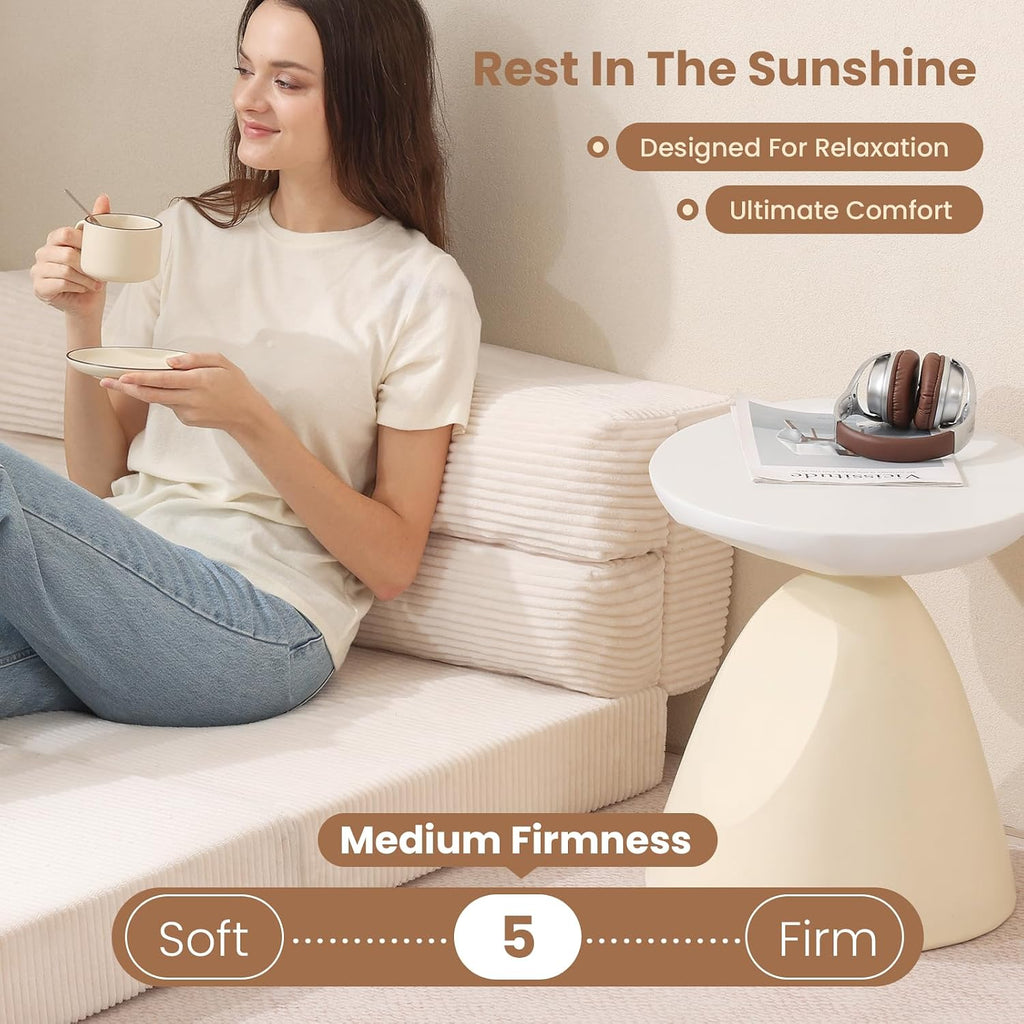 JUIKURY Folding Sofa Bed, Convertible Sleeper Chair with Pilow Foldable Matress, 2 in 1 Pull Out Loveseat Sofa Portable Fold Out Chair Bed Floor Couch Lounge for Living Room Bedroom (Beige, Queen)