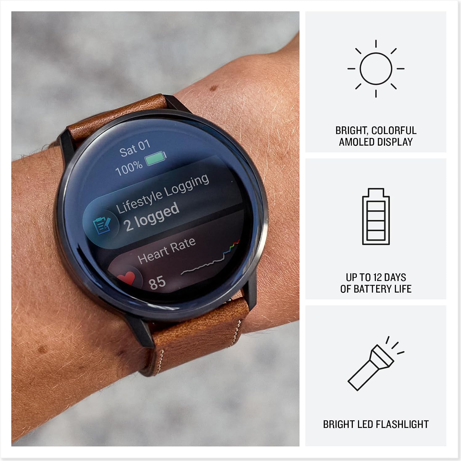 Garmin Venu 4, 45mm, Advanced Fitness Tracker GPS Smartwatch, 1.4' AMOLED Display, Built-in Flashlight, 12 Days of Battery Life, Slate with Brown Leather Band (Watch Bundle)
