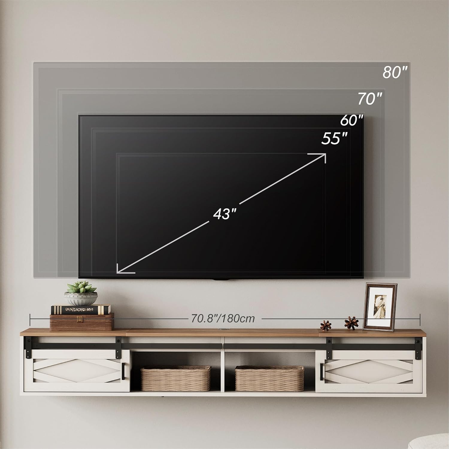 WAMPAT Floating TV Stand for TVs up to 80 Inch, Wood Entertainment Center with Charging Station, Sliding Barn Door Floating TV Shelf for Living Room,Antique White