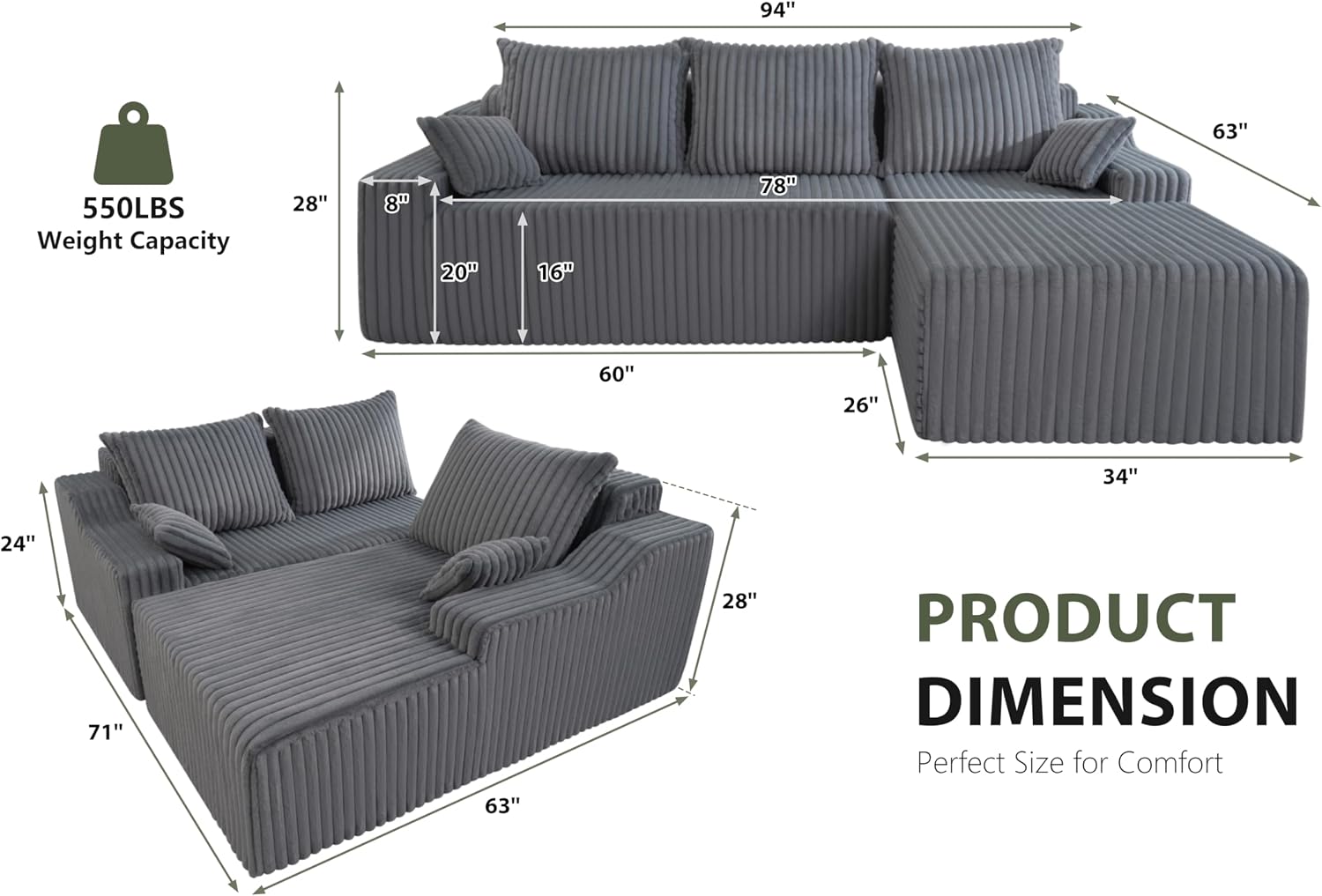 HABUTWAY 94'' Cloud Sectional Couch, Boneless Sofa with Deep Seat, Modular Comfy L-Shape Couch with Chaise for Living Room Bedroom, No Assembly Required(Grey,Right Facing Chaise)