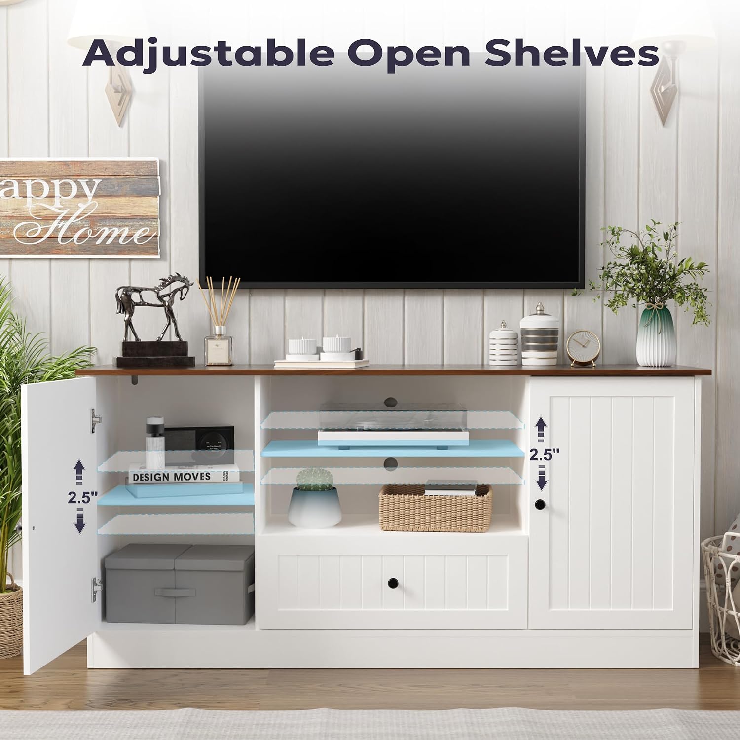 Furnify 63 in Farmhouse TV Stand for TVs up to 70 Inch, Modern Entertainment Center with Storage Drawer and Open Shelves, Shaker Door TV Console Media Cabinet for Living Room, Bedroom, White