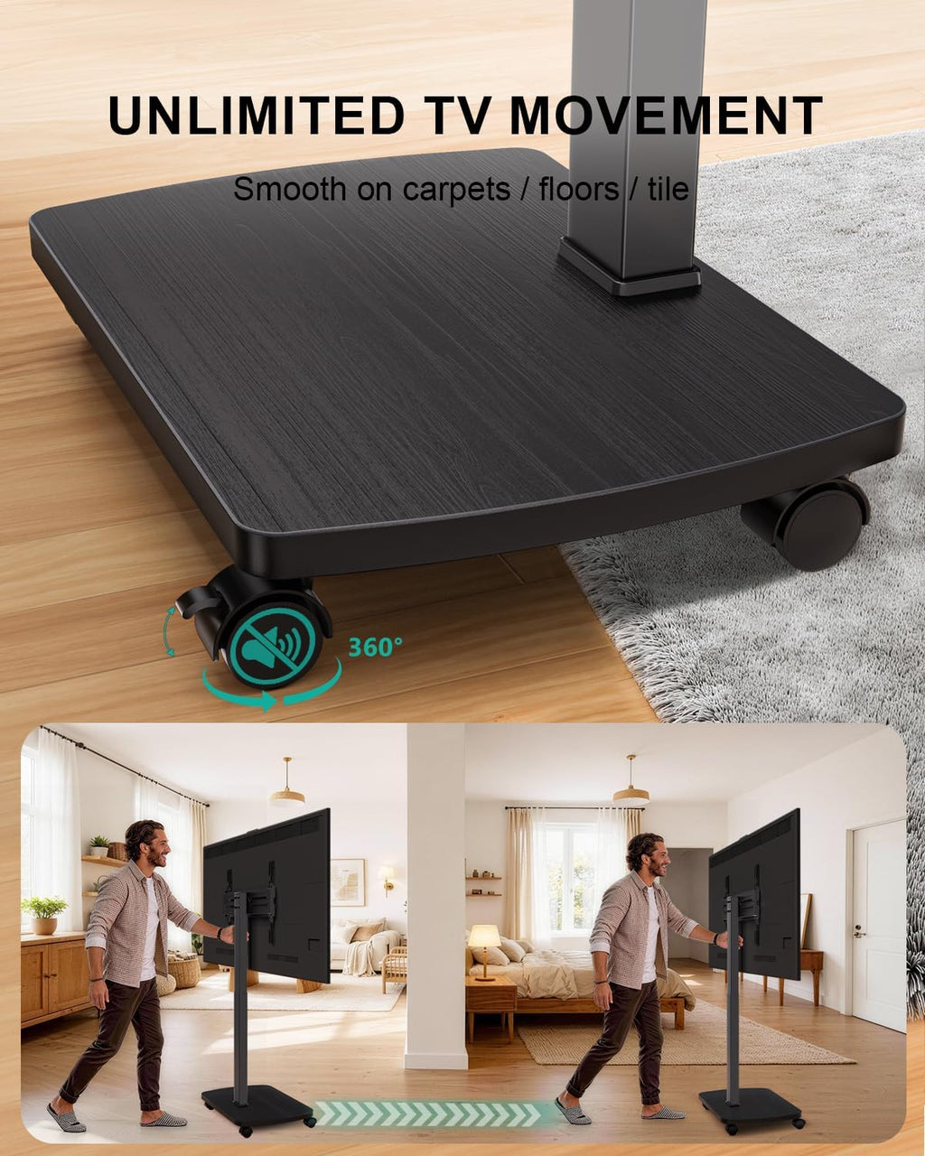 WALI Motorized Rolling TV Stand Lift on Wheels, Electric Height Adjustable Television Stand Mount with Remote for 30-75' TVs up to 110 lbs, Mobile TV Cart with Wood Base for Bedroom(TVDVD-7ER), Black