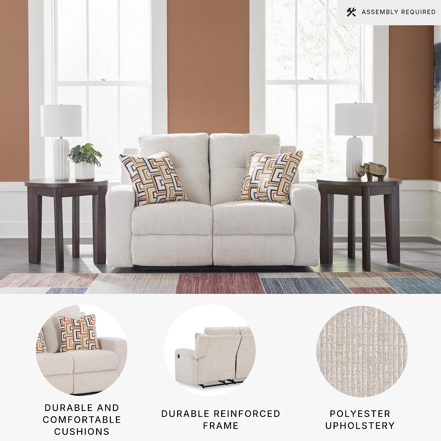 Signature Design by Ashley Danum Modern Tufted Manual Reclining Loveseat with 2 Accent Pillows, Beige