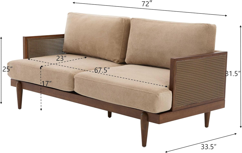 Christopher Knight Home Emir 3 Seater Sofa with Cushion, Sofa Chair with Cane Rattan and Wooden Frame, Spacious Seating Couch for Living Room/Bedrooms, Modern Slat Panel Sofa Couch, Walnut + Camel