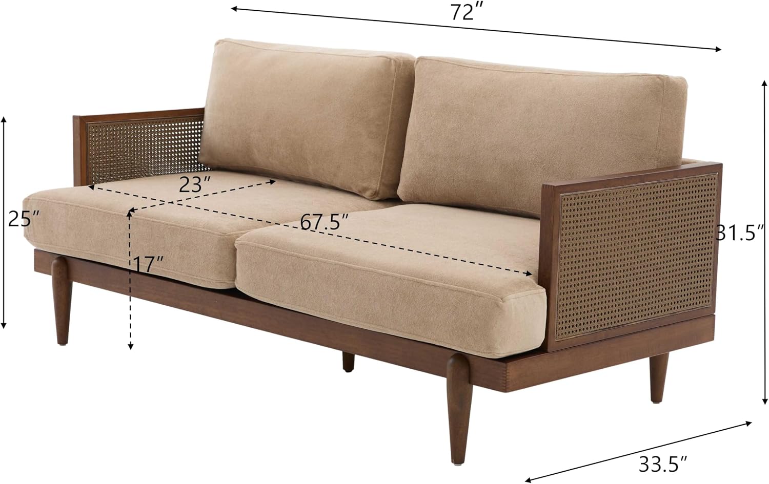 Christopher Knight Home Emir 3 Seater Sofa with Cushion, Sofa Chair with Cane Rattan and Wooden Frame, Spacious Seating Couch for Living Room/Bedrooms, Modern Slat Panel Sofa Couch, Walnut + Camel