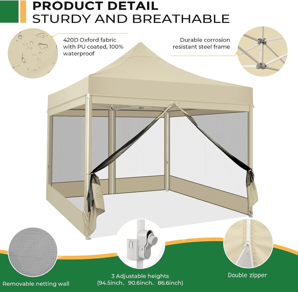 COBIZI 10x10 Heavy Duty Pop Up Canopy Tent with 4 Sidewalls, Easy Set Up Outdoor Waterproof Screen Commercial Party Tent with Mosquito Netting for Parties Backyard Patio, Carry Bag, Khaki