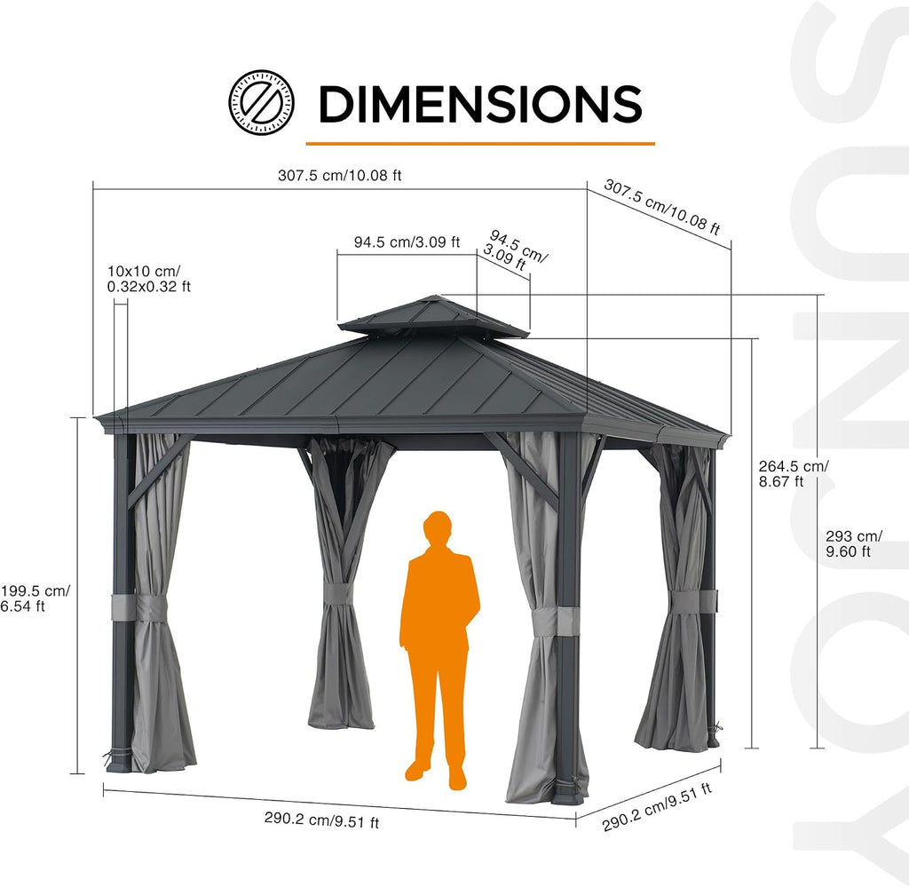 Sunjoy 10 ft. x 10 ft. Hardtop Gazebo, Outdoor Aluminum Frame, 2-Tier Steel Hardtop Backyard Gazebo with Netting, Curtain and Ceiling Hook by SummerCove