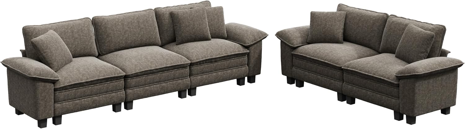 PHI VILLA Cloud Modular Couches Sets, 2 Pieces Comfy Sectional Sofa Set with Loveseat, 5-Seater Upholstered Couch for Living Room, Chenille Fabric, Smoky Grey