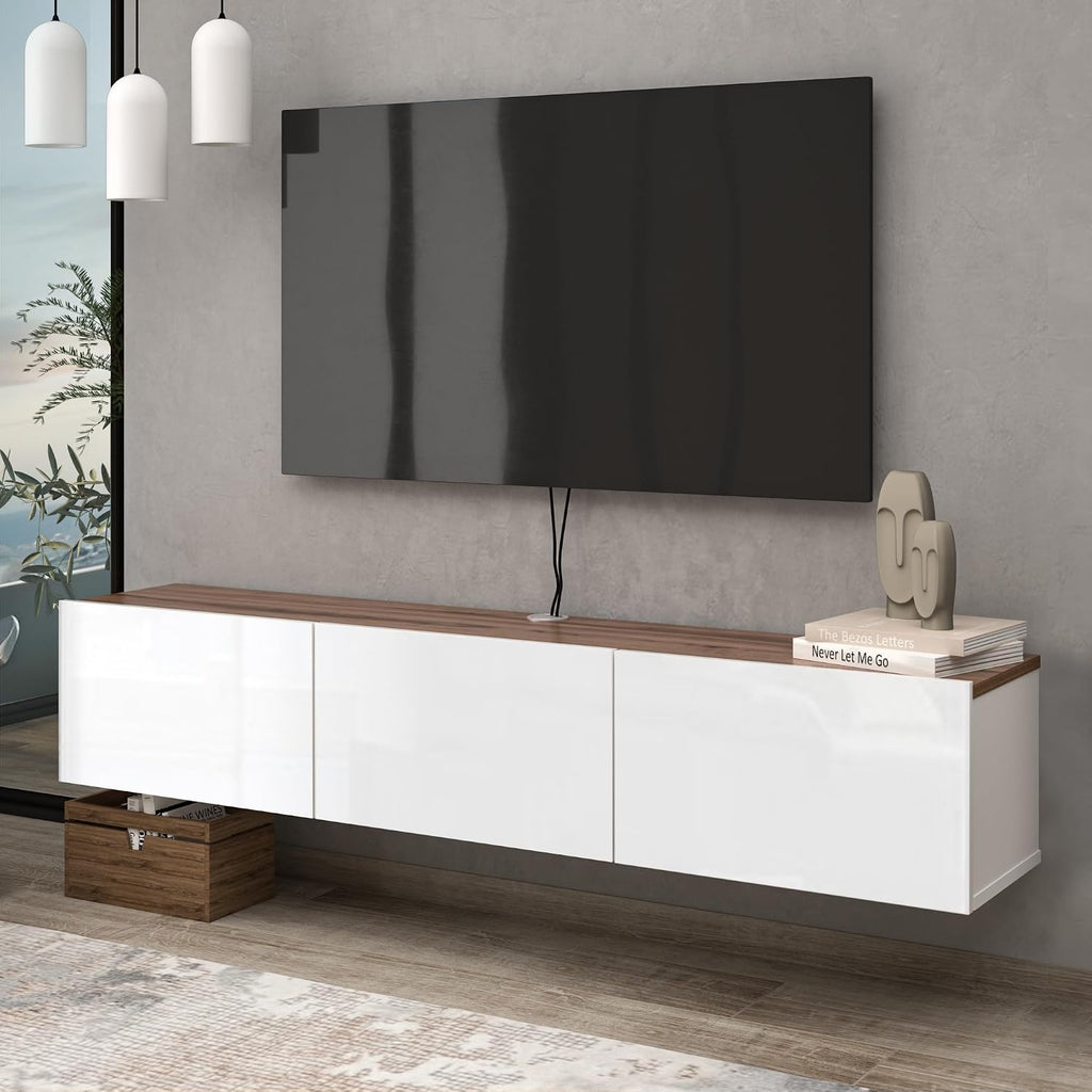 Floating TV Stand Glossy White for 65-80 Inch TV, 63' Wall Mounted TV Stand with Storage, White and Wood Floating Entertainment Center with Cable Management, Floating Media Console for Living Room