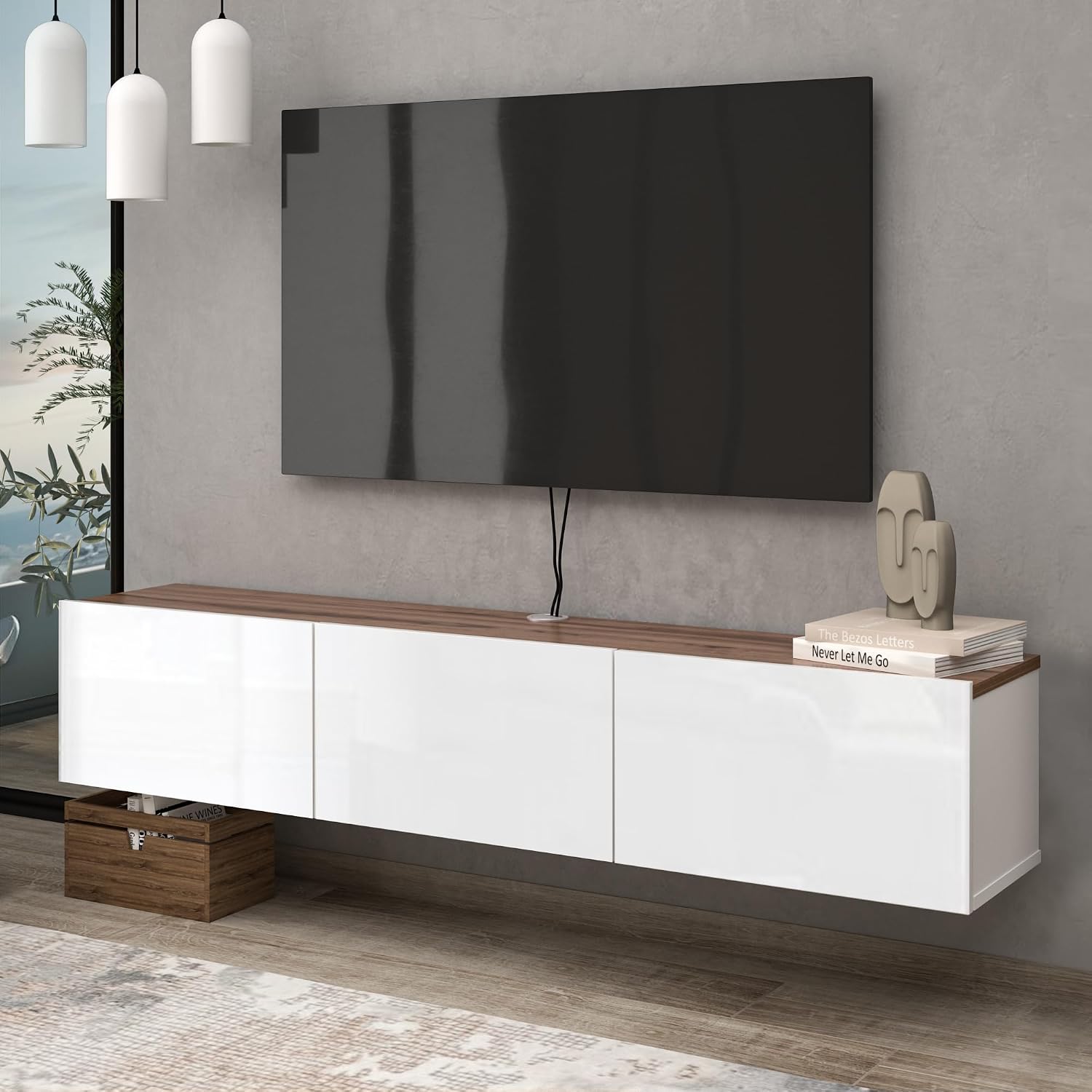 Floating TV Stand Glossy White for 65-80 Inch TV, 63' Wall Mounted TV Stand with Storage, White and Wood Floating Entertainment Center with Cable Management, Floating Media Console for Living Room