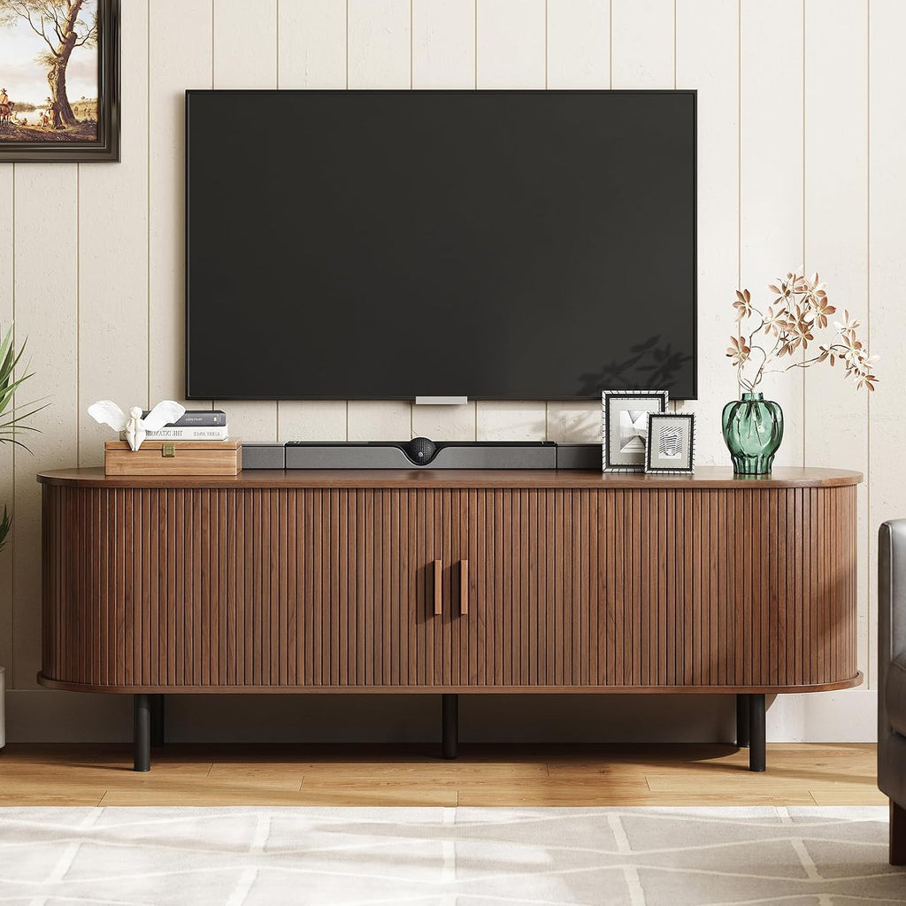 ONBRILL 63' TV Stand with Power Outlet for TVs up to 70 Inch, Entertainment Center with Storage and Adjustable Shelves, Modern Media Console with Sliding Doors for Living Room, Walnut