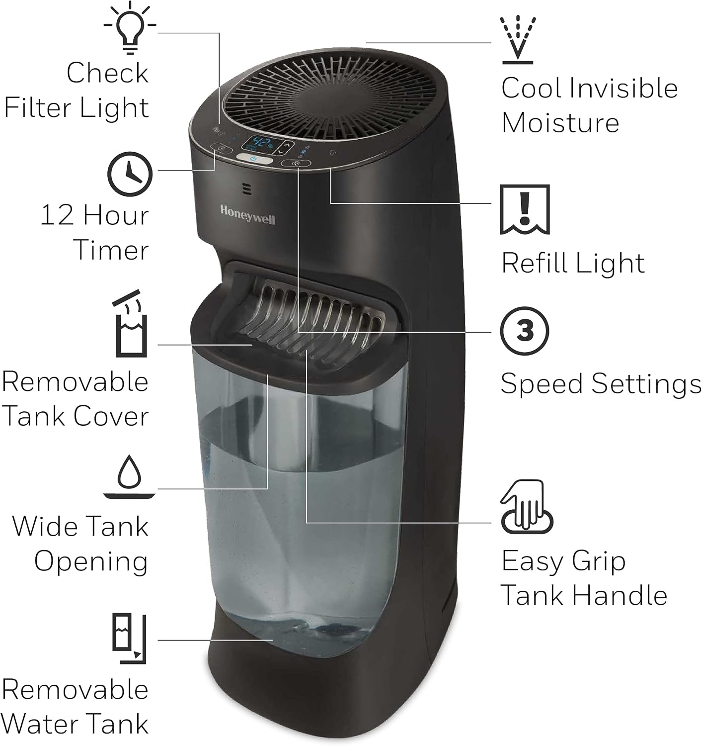 Honeywell Top Fill Tower Humidifier, Digital Humidistat, Black – Cool Mist Humidifiers for Bedroom, Home or Office with Space-Saving Tower Design