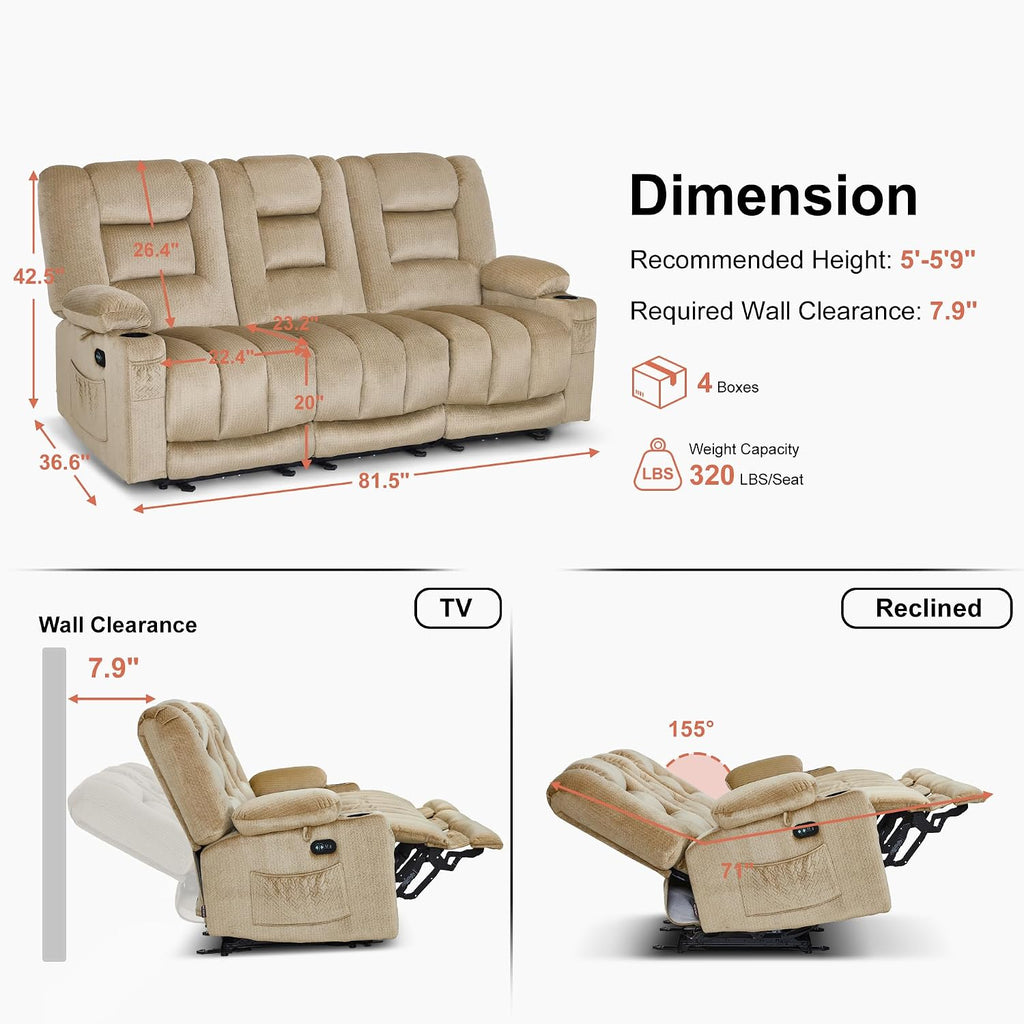 MCombo Zero Gravity Power Reclining Sofa with Heat and Vibration Massage, 3 Seater Reclining Couch with USB Ports, Cup Holders for Living Room, Fabric PR648SET (Beige)