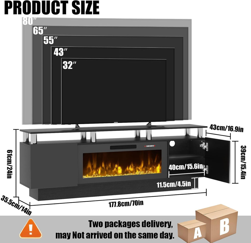 PRETZI 70' Modern Fireplace TV Stand with 36' Electric Fireplace for TVs Up to 80 inch, Luxury LED Light Entertainment Center with High Gloss Cabinet, TV Consoles for Living Room, Black