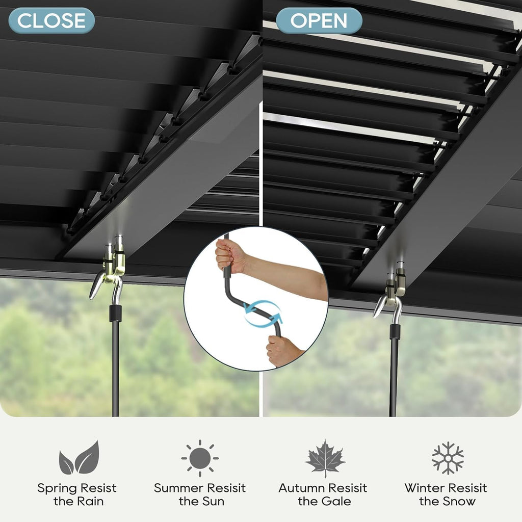 Outdoor Louvered Pergola 10' x 20', Aluminum Outdoor Louvered Pergola with Adjustable Roof, Adjustable Louvered Pergolas for Outdoor Deck, Patio, Lawn & Garden (10x20 Black with Curtain)