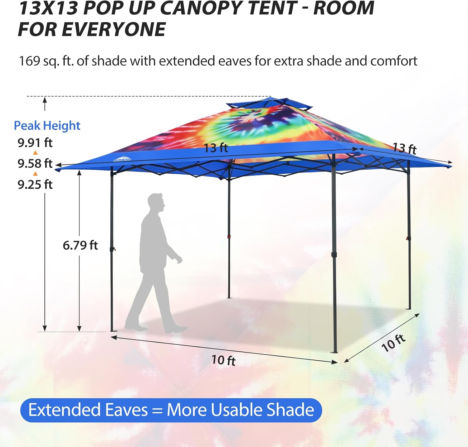 EAGLE PEAK 13x13 Straight Leg Pop Up Canopy Tent Instant Outdoor Canopy Easy Single Person Set up Folding Shelter w/Auto Extending Eaves 169 Square Feet of Shade (Cosmic Tie Dye)