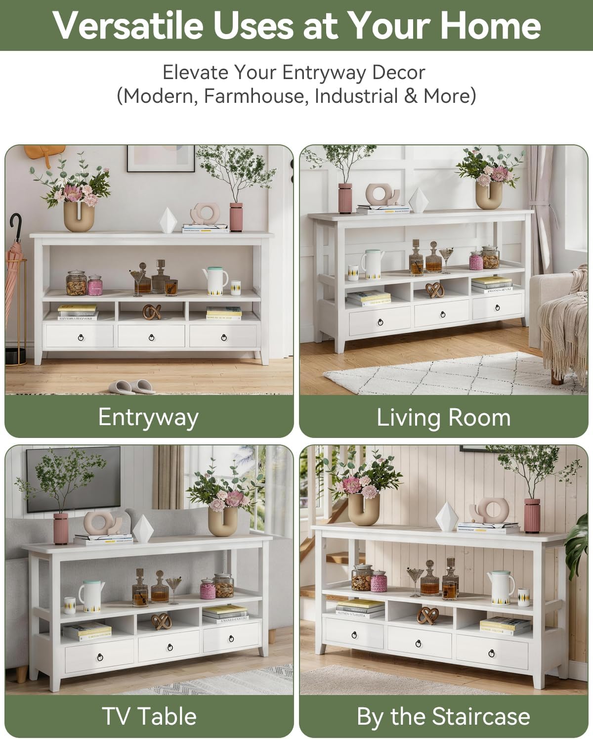 Karl home Console Table with 3 Bottom Drawers, 57.9' W Sofa Side Table Entryway Desk with 3 Storage Cubbies 1 Open Shelf, Vintage TV Stand for Hallway Living Room Office, White 29.9' H