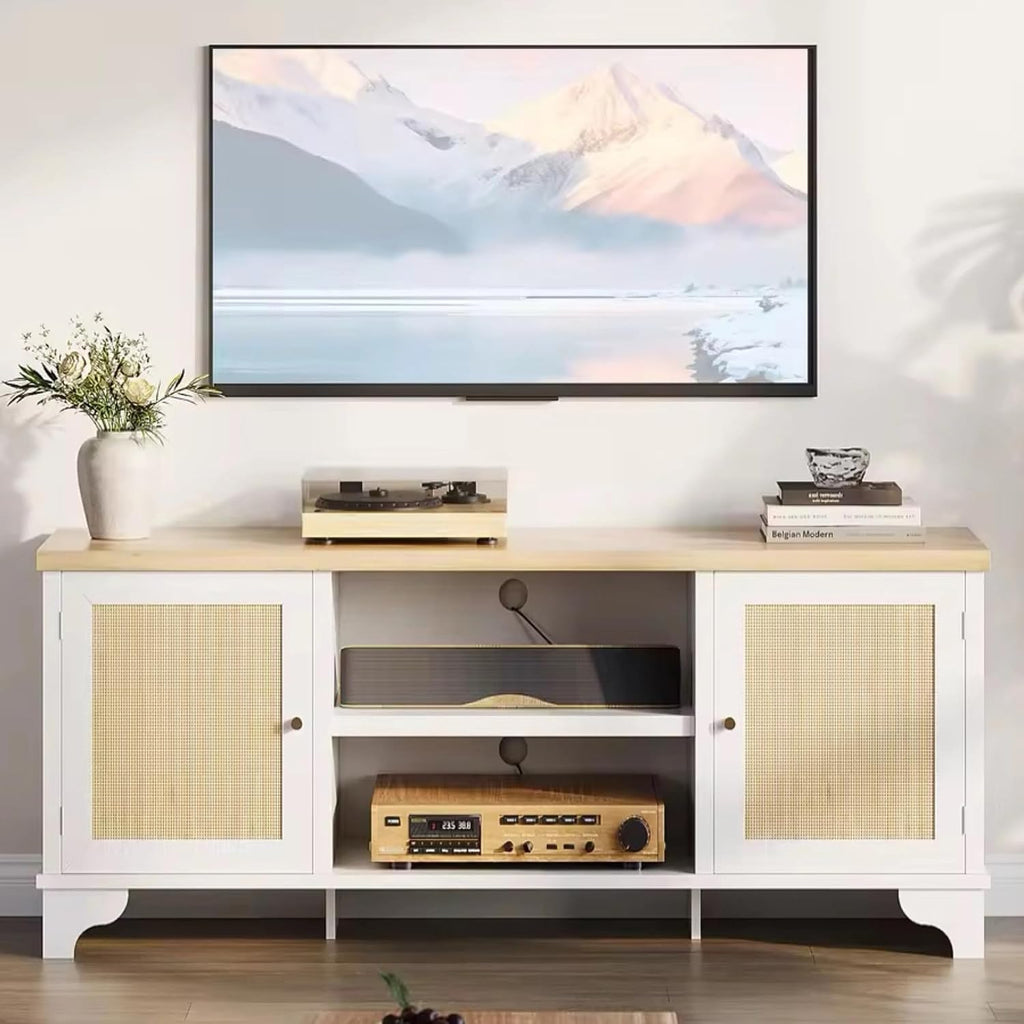 GarveeHome Rattan TV Stand for 65 in TV, Boho Entertainment Center with Cabinets & Open Shelves, Wooden Media Console Table for Living Room, White