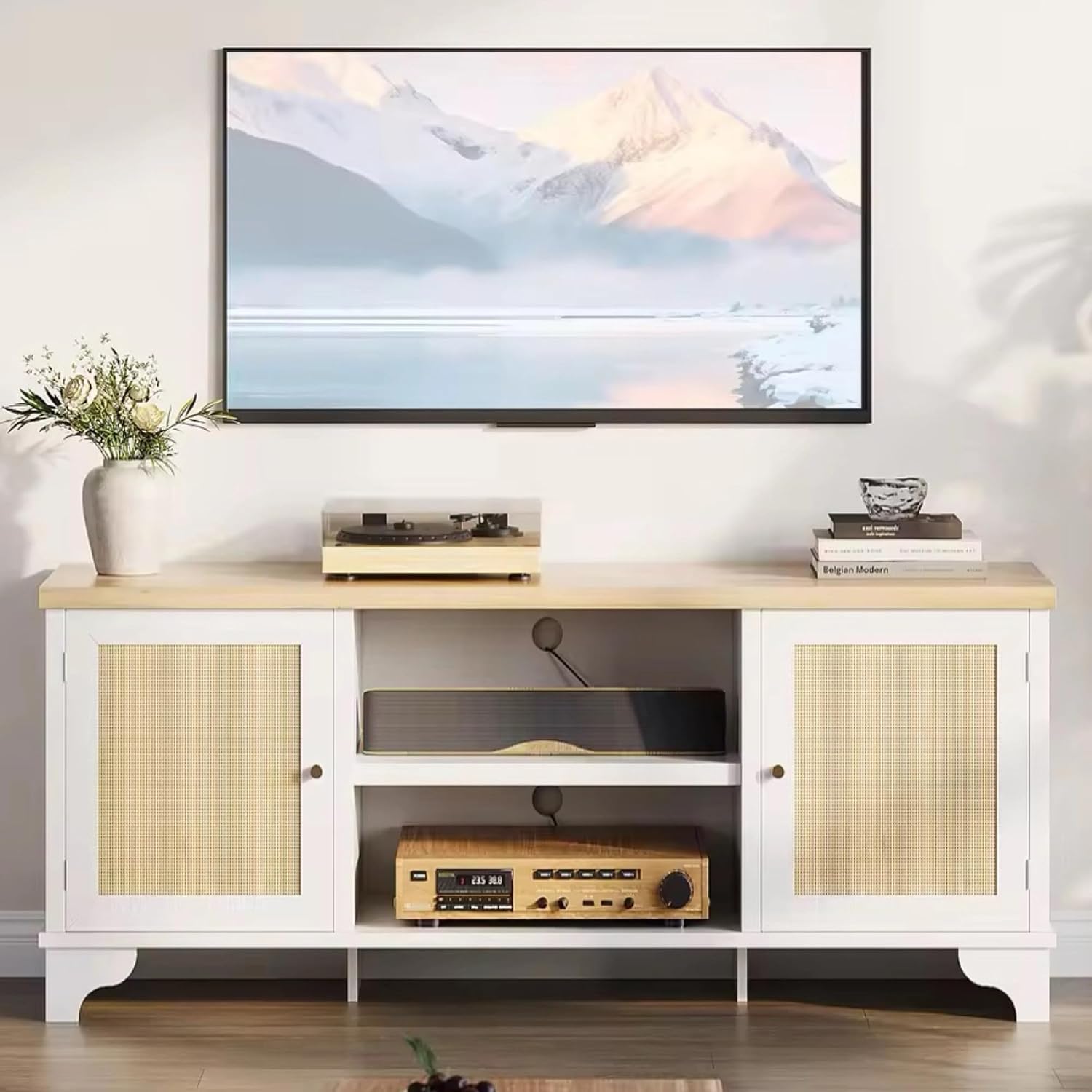 GarveeHome Rattan TV Stand for 65 in TV, Boho Entertainment Center with Cabinets & Open Shelves, Wooden Media Console Table for Living Room, White