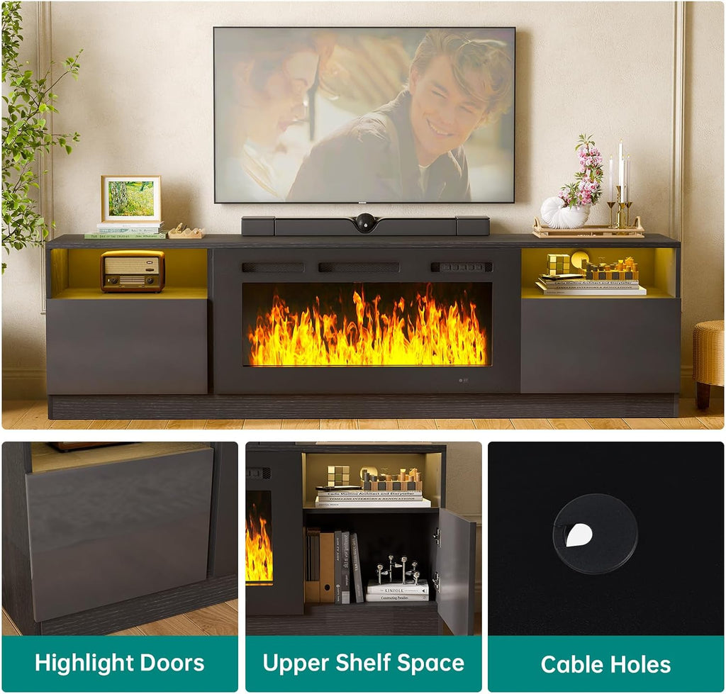 MXV 70' Fireplace TV Stand for TVs Up to 80', LED Light Entertainment Center with 36' Electric Fireplace, Modern Wood Texture TV Media Console with Highlight Storage Cabinet, Black-Black