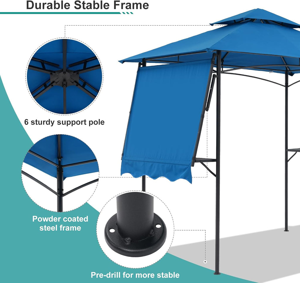 COBANA Grill Gazebo 8'x 5' Outdoor Patio Backyard BBQ Grill Shelter with Side Awning, Double Tiered Soft Canopy Top with Steel Frame and Bar Counters, Blue
