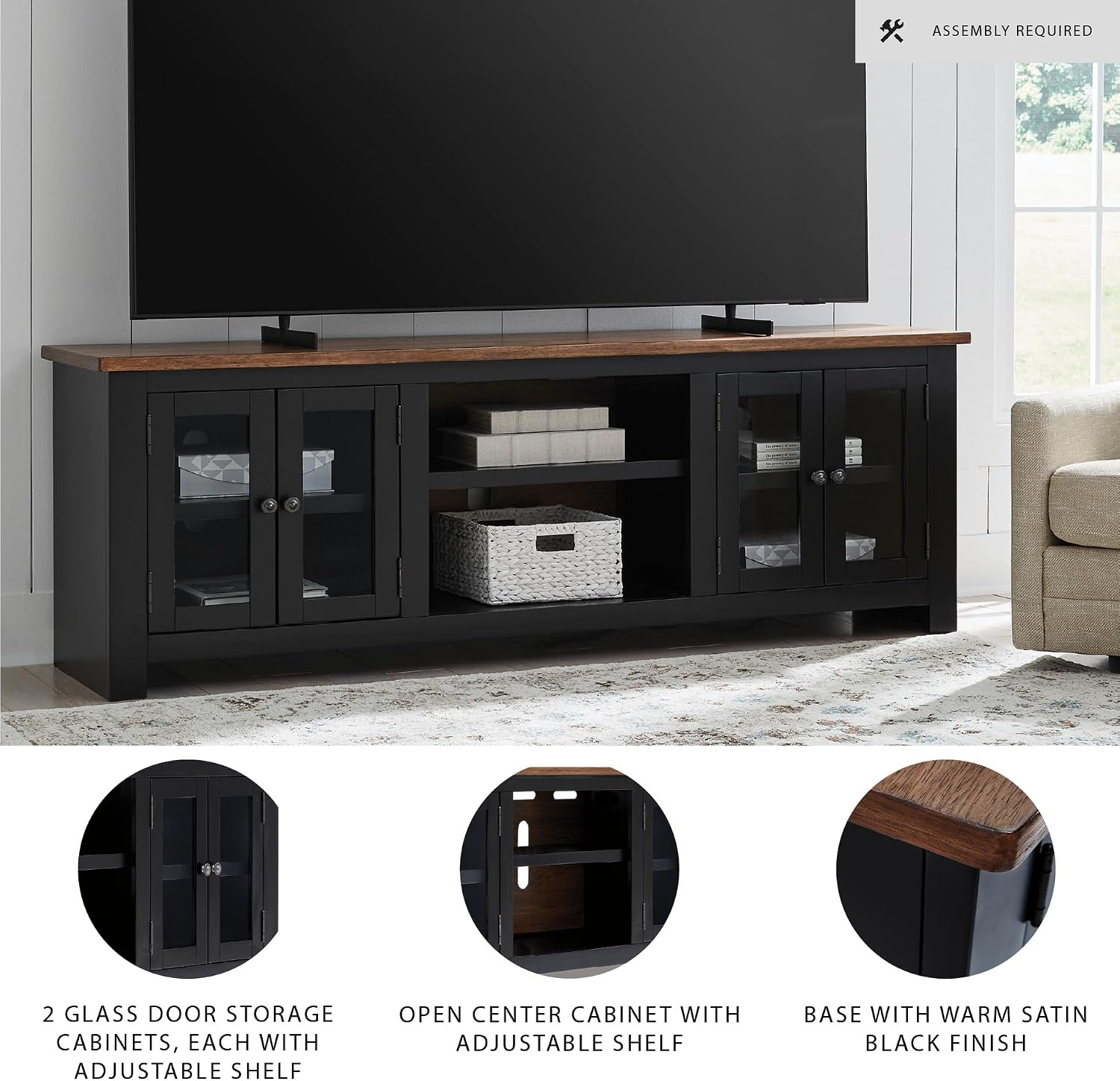 Signature Design by Ashley Wildenauer Modern Farmhouse 76' TV Stand for TVs up to 86' with Adjustable Shelves and Wire Management, Brown & Black