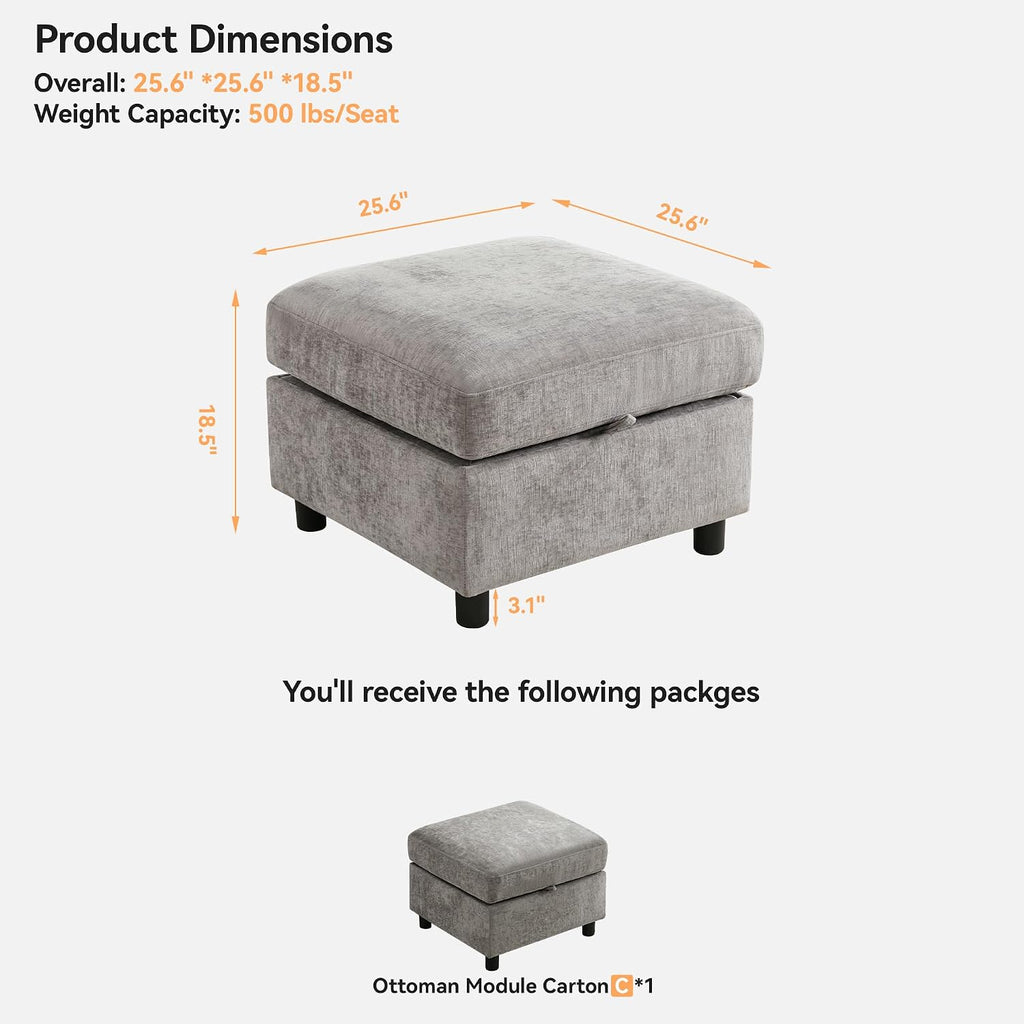 WUTUTUEE 25'Square Storage Ottoman Module for Modular Sectional Sofa, Living Room Coffee Table Sectional Ottoman Footrest for Convertible Couch, Chenille Light Grey