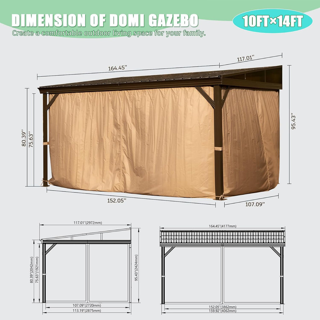 Domi 10x14FT Lean to Gazebo, Aluminum Wall Mounted Gazebo with Sloping Galvanized Steel Roof, Curtains and Netting, Outdoor Hardtop Shelter Pergola for Patio, Deck, Garden, Backyard