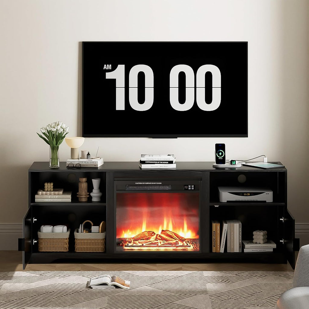 Mxtxmy Fireplace TV Stand for Television up to 80 Inch,Entertainment Center with Adjustable Shelf,Mid-Century Modern Fluted TV Stand with 23' Electric Fireplace,Media Console for Living Room,Bedroom