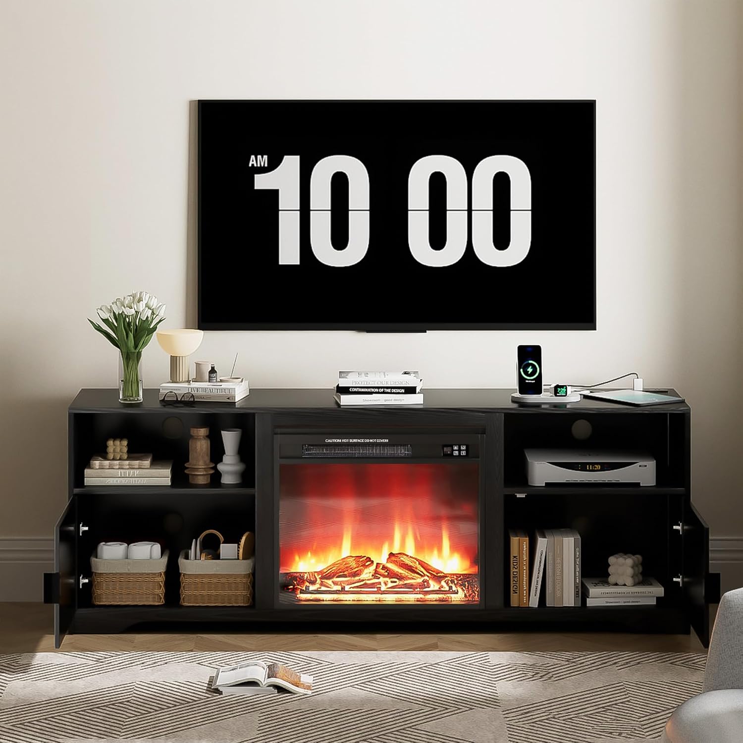 Mxtxmy Fireplace TV Stand for Television up to 80 Inch,Entertainment Center with Adjustable Shelf,Mid-Century Modern Fluted TV Stand with 23' Electric Fireplace,Media Console for Living Room,Bedroom