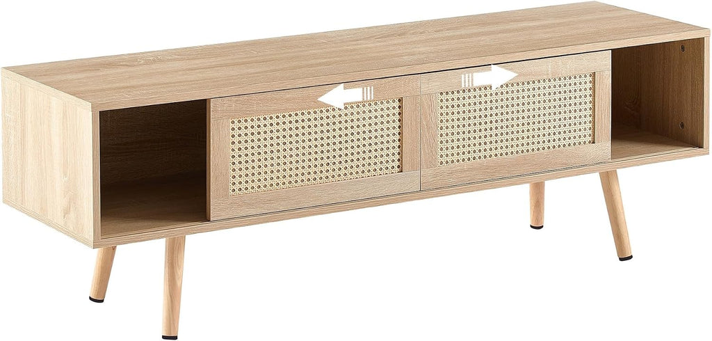 Rattan Weaving in Natural Wood Color TV Stand for TVs up to 55 Inch, TV Cabinet with Sliding Rattan Woven Door, Ideal for Living Rooms and Entertainment Centers