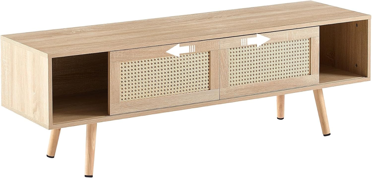 Rattan Weaving in Natural Wood Color TV Stand for TVs up to 55 Inch, TV Cabinet with Sliding Rattan Woven Door, Ideal for Living Rooms and Entertainment Centers