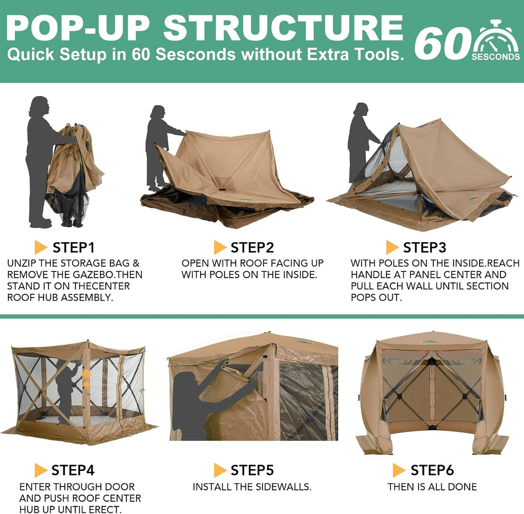 COBIZI 10x10 Pop up Gazebo Screen House Tent for Camping, Pop-up Camping Canopy with Sidewalls, Portable Outdoor Quick-Set Hub Tent with Carrying Bag&Ground Stakes, Khaki(Upgraded 2.0)