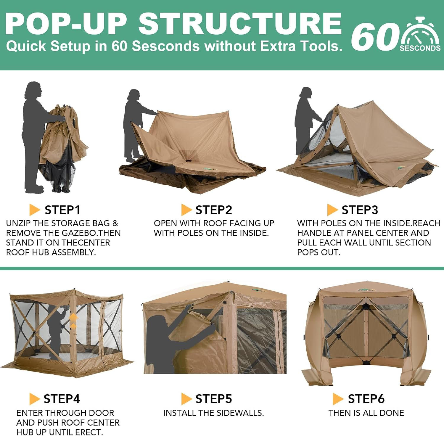 COBIZI 10x10 Pop up Gazebo Screen House Tent for Camping, Pop-up Camping Canopy with Sidewalls, Portable Outdoor Quick-Set Hub Tent with Carrying Bag&Ground Stakes, Khaki(Upgraded 2.0)