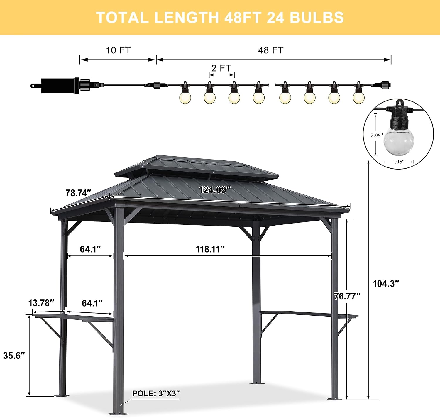 PURPLE LEAF 6.5' X 10' Hardtop Grill Gazebo for Patio Aluminum Barbeque Canopy with 24 Clear Light Bulbs and Shelves Double Tiered Grey Outdoor BBQ Gazebo