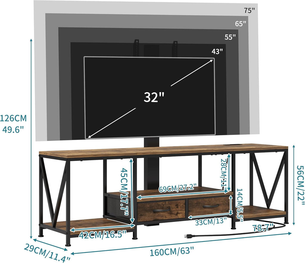 63' W TV Stand with Mount for 55,65,75' TV,Entertainment Center with Power Outlet&Led Lights,Height Adjustable TV Console Table with Open Storage Shelves&Fabric Drawers (Rustic Brown, 63'W)
