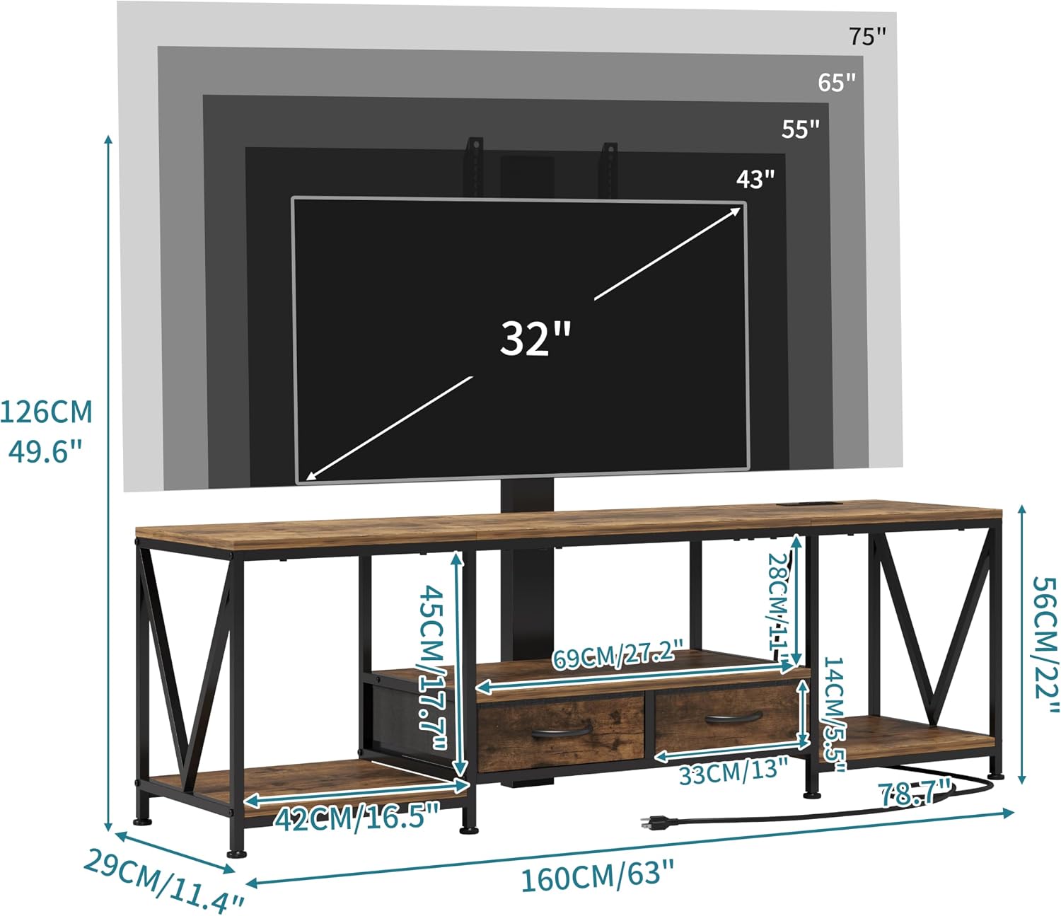 63' W TV Stand with Mount for 55,65,75' TV,Entertainment Center with Power Outlet&Led Lights,Height Adjustable TV Console Table with Open Storage Shelves&Fabric Drawers (Rustic Brown, 63'W)