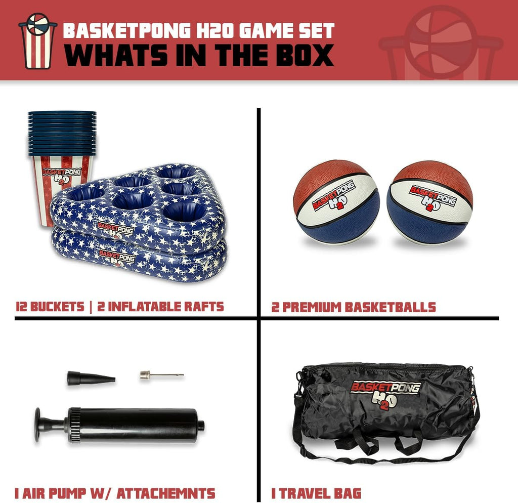 H2O USA - Inflatable Pool Pong Table Game for Outdoor Fun, Lawn, Lake, or Beach – Comes with 12 Buckets, 2 Balls, Floating Racks, Air Pump & Storage Bag
