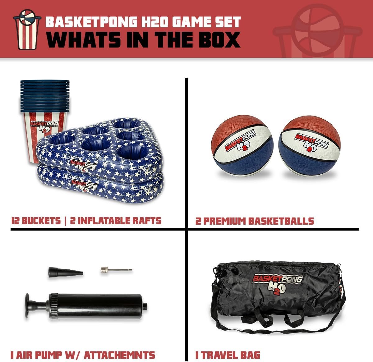 H2O USA - Inflatable Pool Pong Table Game for Outdoor Fun, Lawn, Lake, or Beach – Comes with 12 Buckets, 2 Balls, Floating Racks, Air Pump & Storage Bag